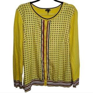 Talbots Women's Size 1X Yellow Geo Print Patterned Charming Cardigan Sweater